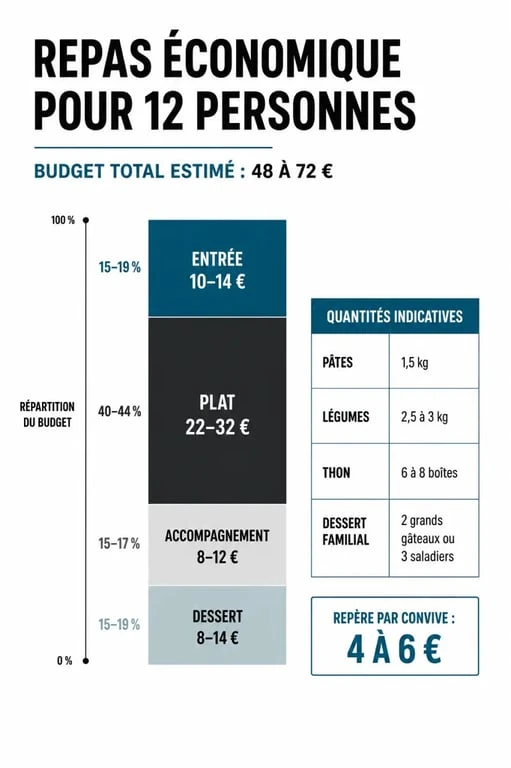 Repas pas cher pour 12 personnes avec budget, quantités et répartition des postes