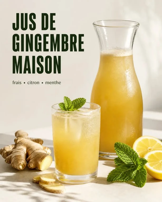 Recette du jus de gingembre maison servie très fraîche dans une carafe avec citron et menthe