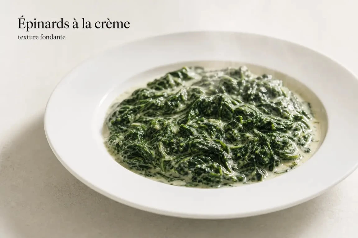 Épinard a la creme surgelé servi dans une assiette blanche, texture crémeuse et appétissante