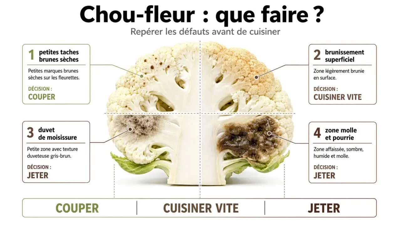 Chou fleur noirci : comparaison visuelle des taches sèches, de la moisissure et de la pourriture
