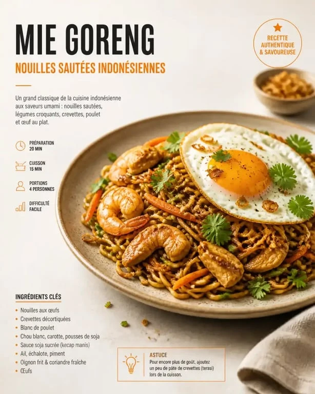 Recette mie goreng maison servie dans une assiette avec un œuf au plat et des oignons frits.