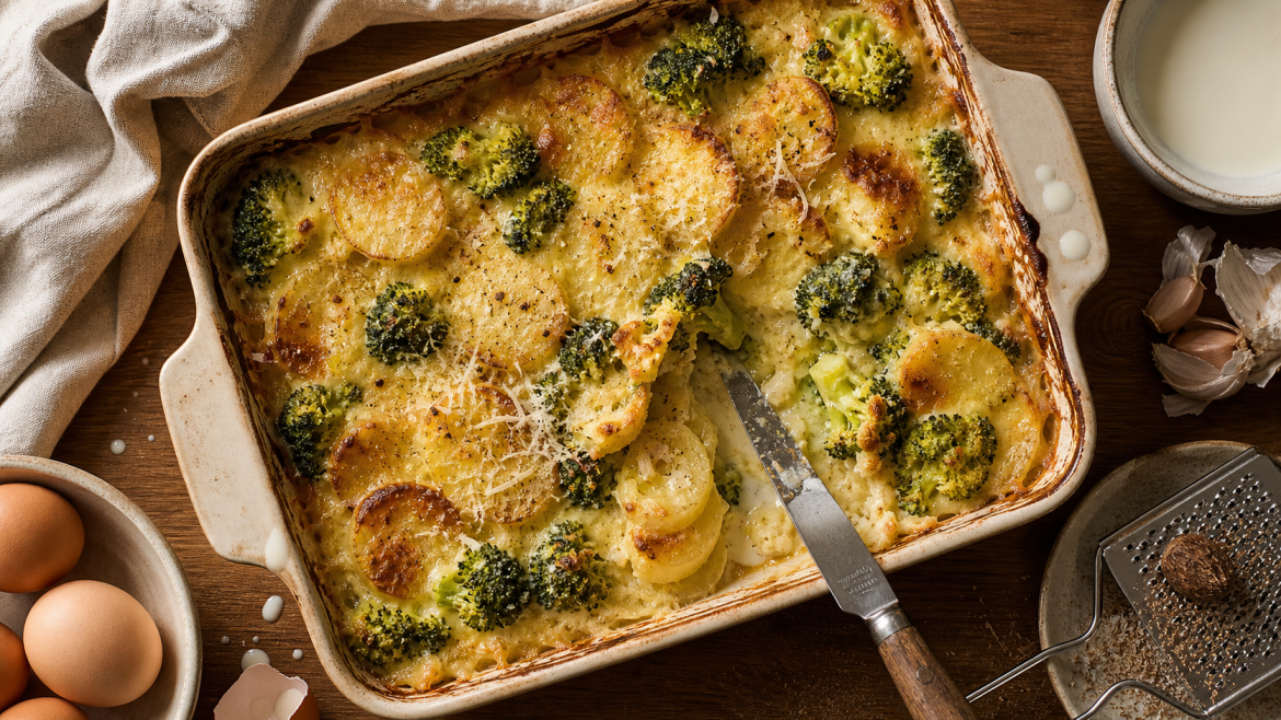 Gratin brocolie pomme de terre doré et fondant, vue du plat