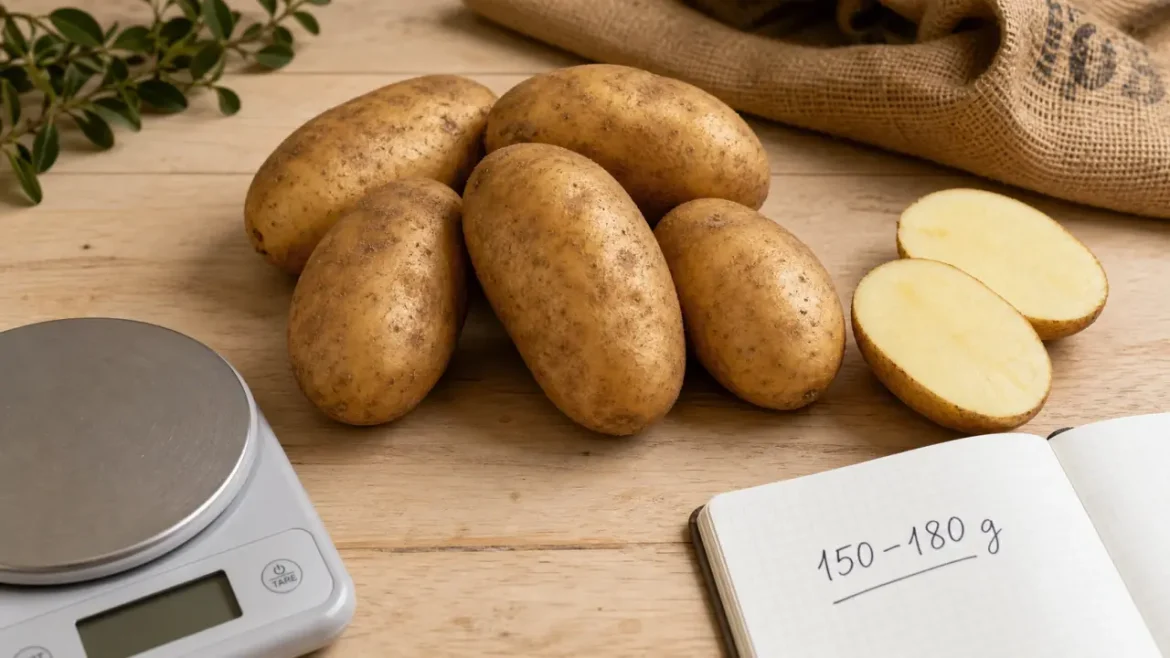 Poids d’une pomme de terre : 150 à 180 g en standard, 30 à 60 g en nouvelle Poid d une pomme de terre : 150–180 g, pommes de terre moyennes