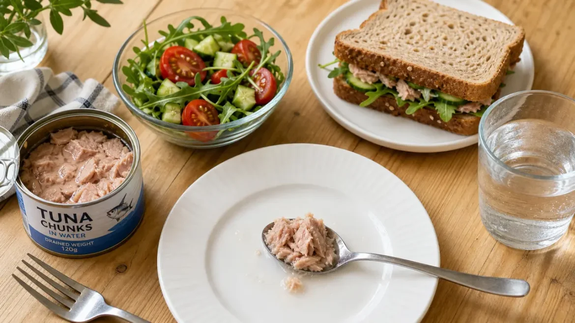 Proteine thon : thon au naturel, salade et sandwich sur table