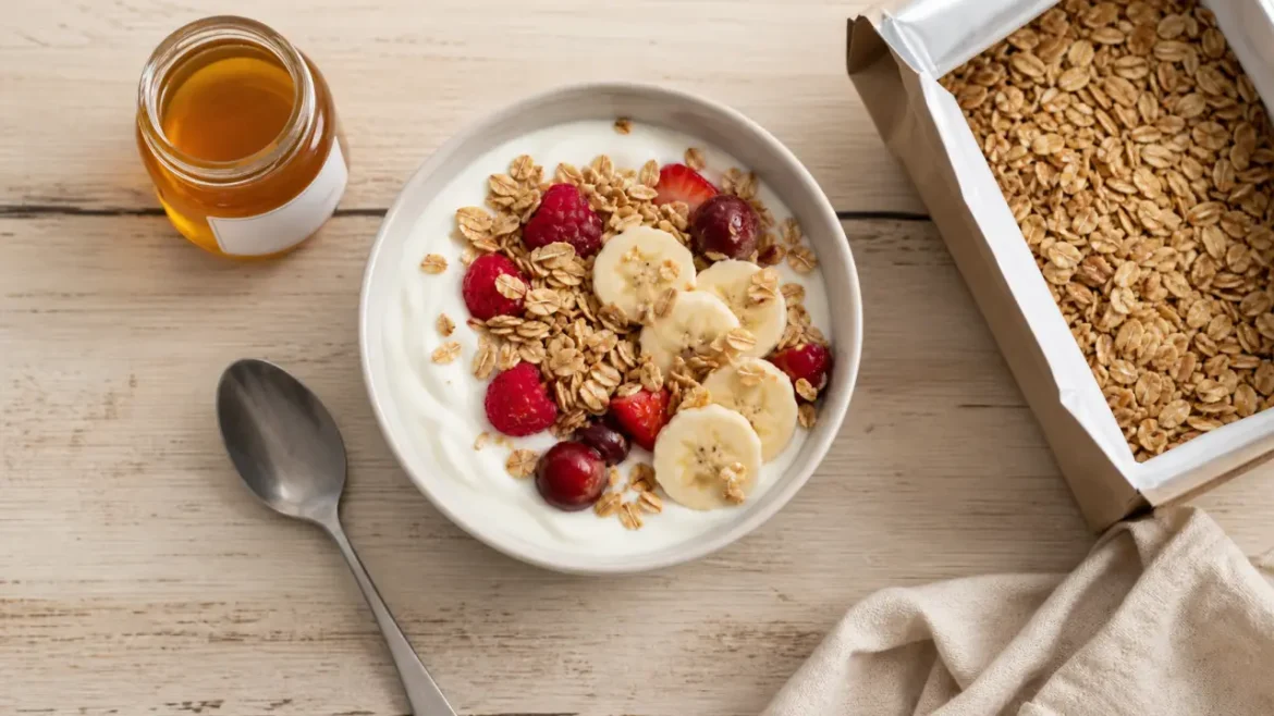 Flocons d’avoine : pancakes moelleux, smoothie bowls et gâteau banane anti-gaspi Bol yaourt aux flocons d avoine, banane, miel et fruits rouges