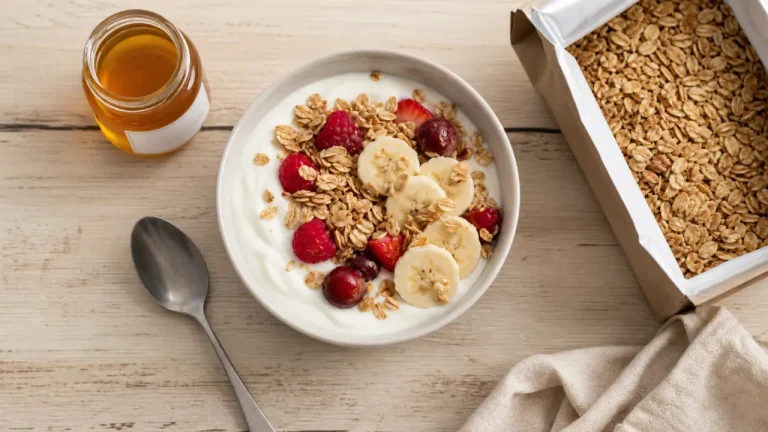 Bol yaourt aux flocons d avoine, banane, miel et fruits rouges