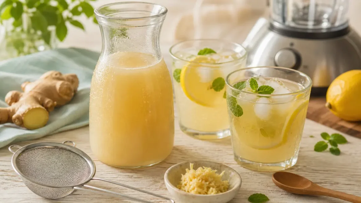 Recette du jus de gingembre maison frais, carafe et verres glacés