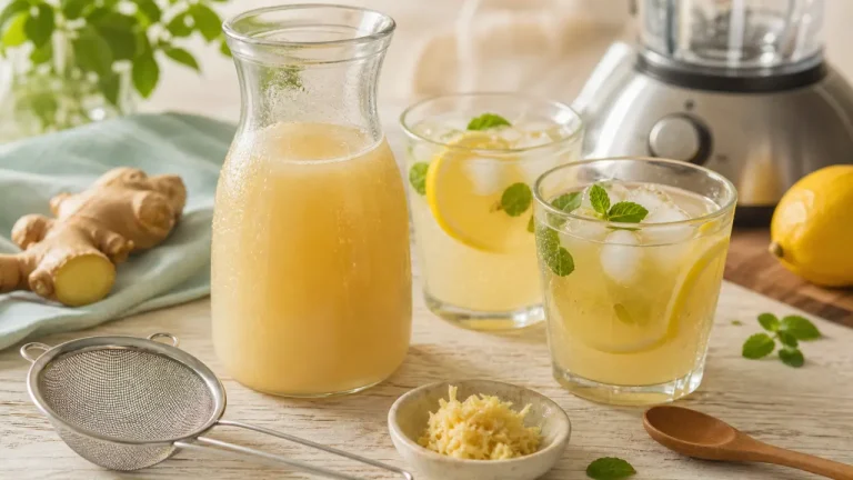 Recette du jus de gingembre maison frais, carafe et verres glacés