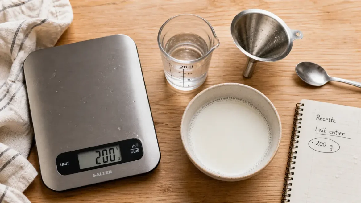 20 cl en gramme de lait : 200 g lait liquide, 42 g poudre