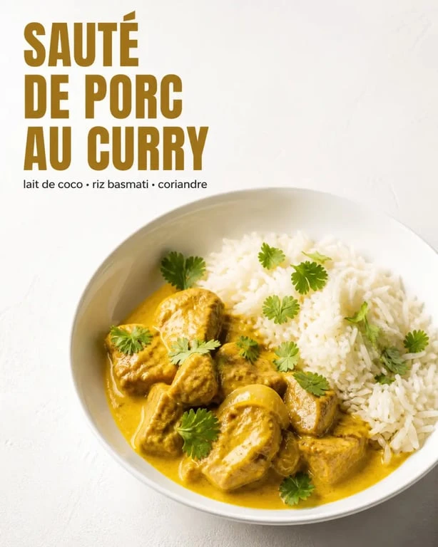 Recette sauté de porc curry servi chaud avec riz basmati et coriandre fraîche