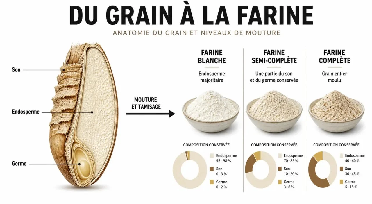 Quel pain manger : coupe d’un grain de céréale expliquant farine complète et farine blanche