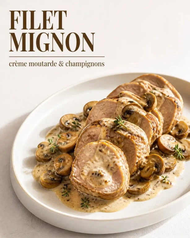 Cuisiner des filets mignons de porc en sauce crème moutarde et champignons, plat dressé dans une assiette