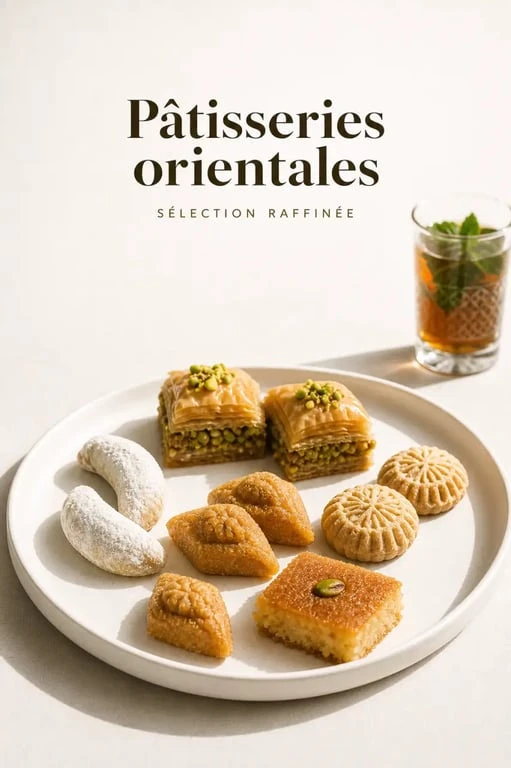 Gâteau oriental varié présenté sur un plateau avec baklawa, makrouts, cornes de gazelle et basboussa