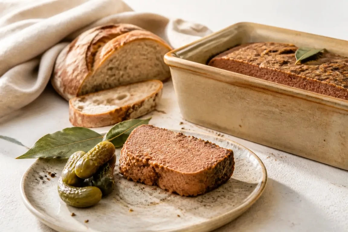 Recette du paté de foie maison servie en terrine avec pain de campagne et cornichons