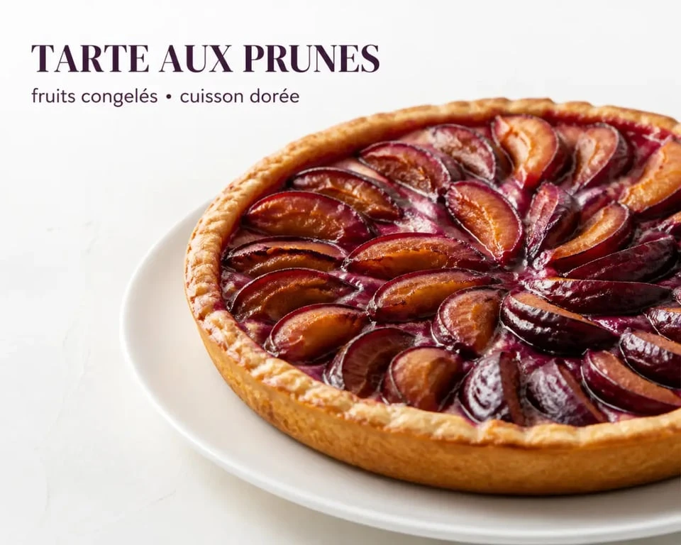 Tarte aux prunes congelées dorée et brillante servie sur plat blanc