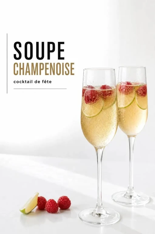 Recette champenoise recette en flûtes à champagne, cocktail de fête frais avec citron vert et framboises
