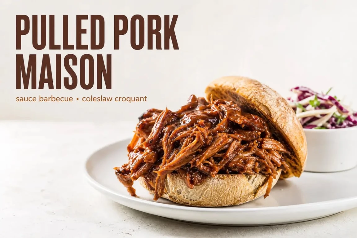 Recette pulled pork servi de façon appétissante avec viande effilochée et sauce barbecue