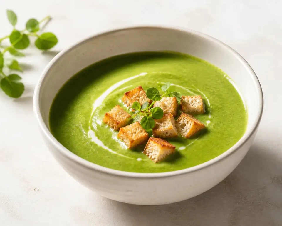 Recette de la soupe au cresson servie en bol, velouté vert onctueux avec croûtons