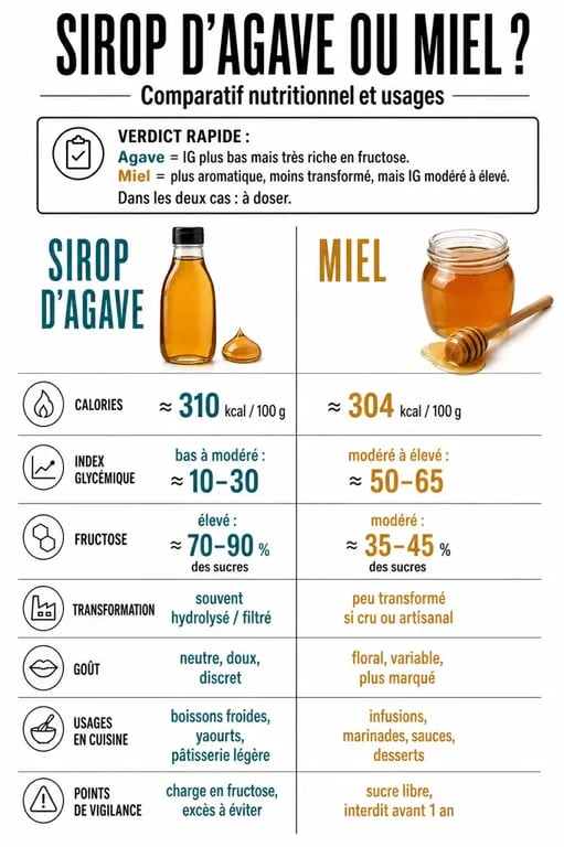 Infographie comparative sirop d agave ou miel avec calories, index glycémique, fructose et usages