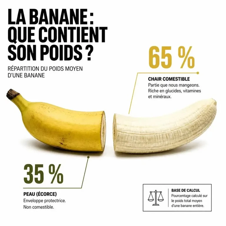 Schéma illustrant le poids moyen d'une banane : distinction entre poids brut et poids net comestible