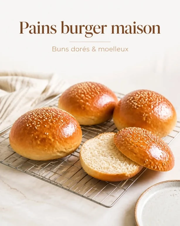 Pain burger thermomix maison moelleux et doré, présenté en photo culinaire appétissante