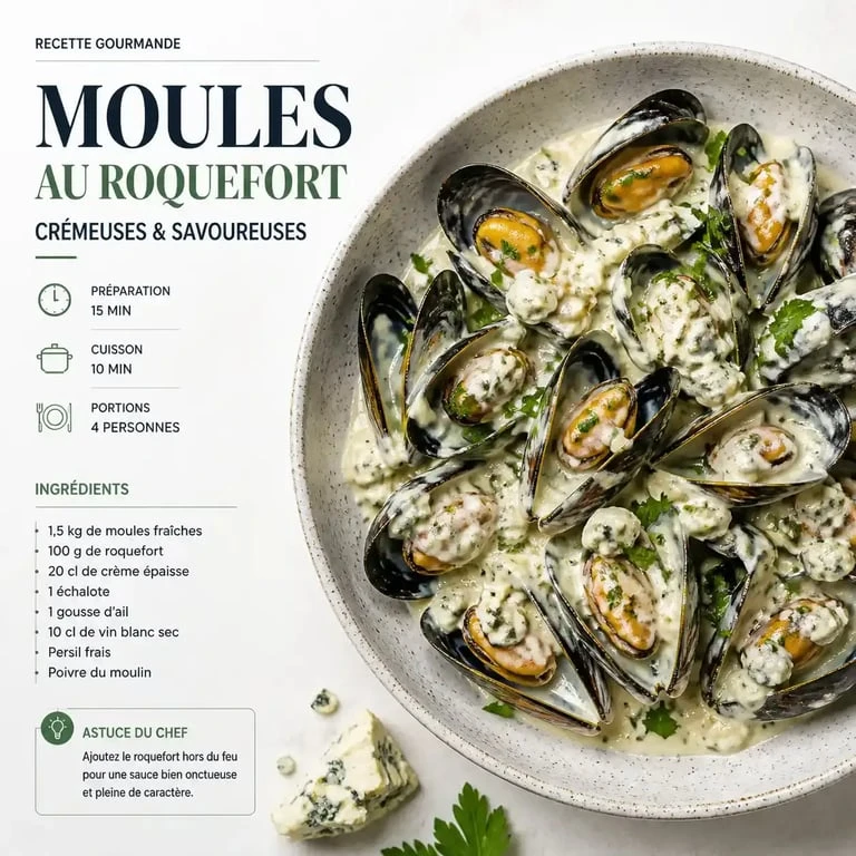 Recette de moules au roquefort onctueuses dans une assiette creuse