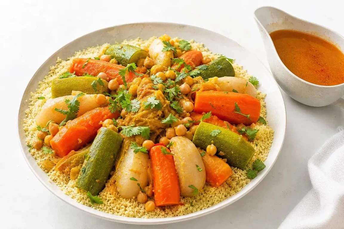 Recette couscous legumes recette servie dans un grand plat familial avec semoule, légumes et pois chiches