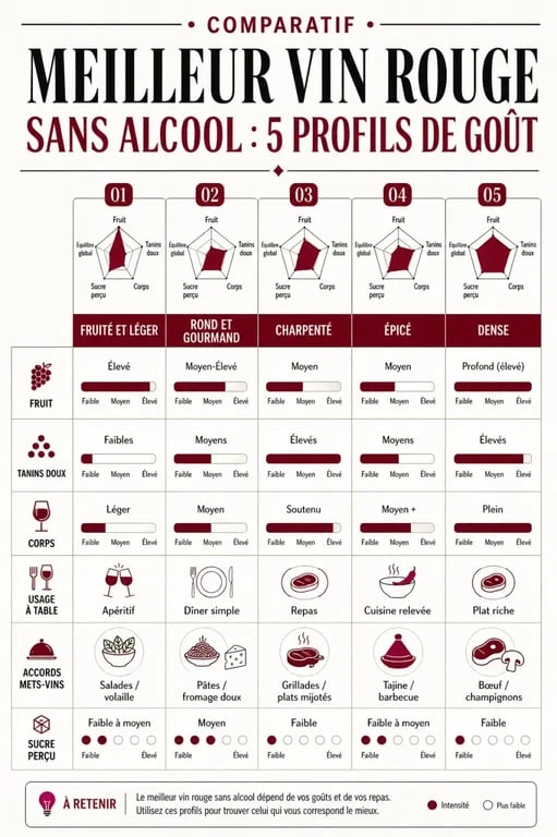 Infographie comparative du meilleur vin rouge sans alcool pour choisir selon le goût, les tanins et les accords mets-vins
