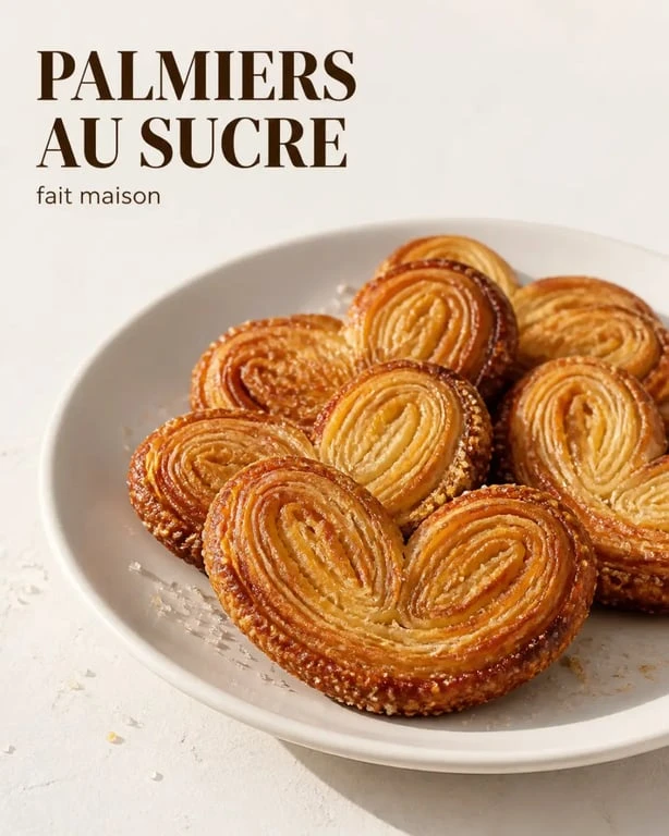 Recette palmier au sucre dorés et croustillants sur une assiette blanche