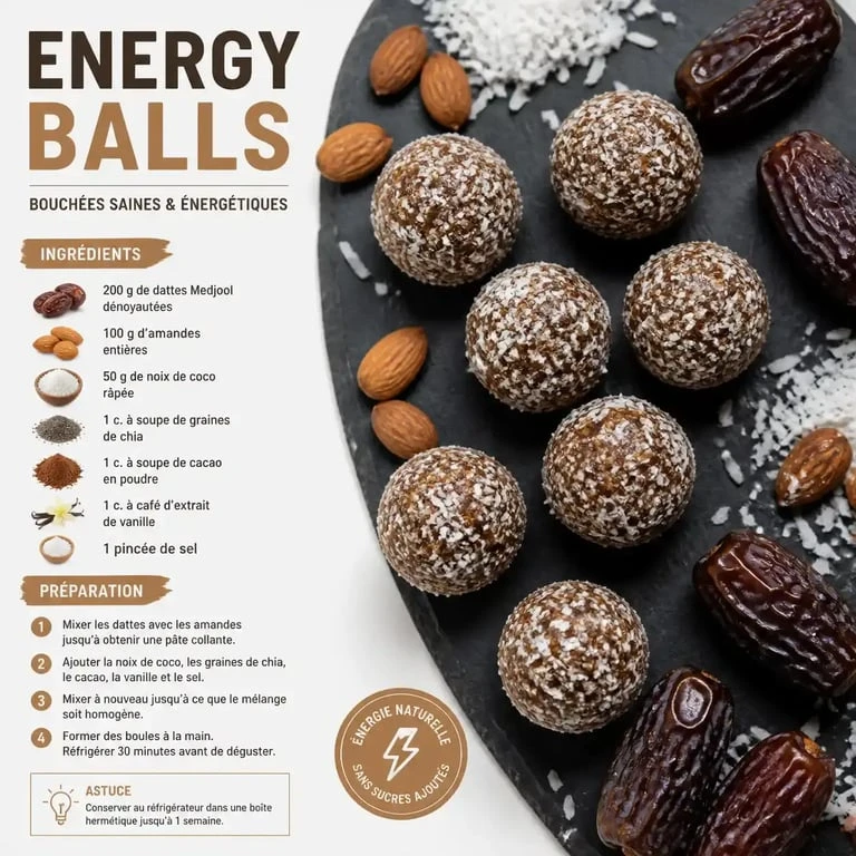 Recette d'energy balls maison aux dattes et amandes