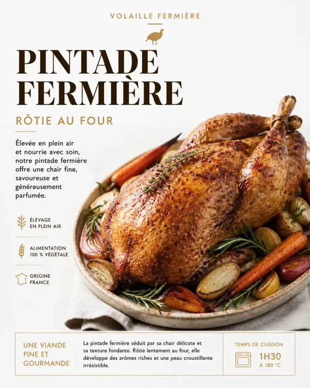 Pintade fermière rôtie dorée et croustillante, recette de pintade facile.