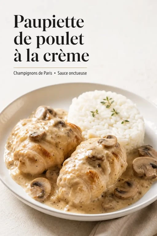Recette paupiette de poulet à la crème et aux champignons servie dans une assiette gourmande