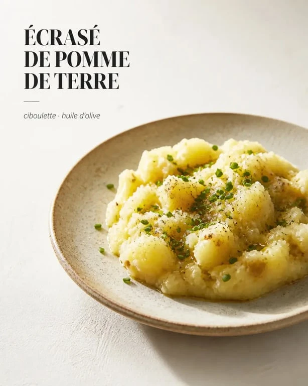 Écrasé de pomme de terre rustique servi en assiette, avec ciboulette et huile d’olive