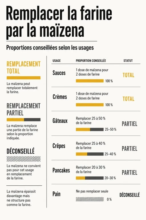 Remplacer la farine par la maïzena : tableau visuel des dosages et cas d’usage