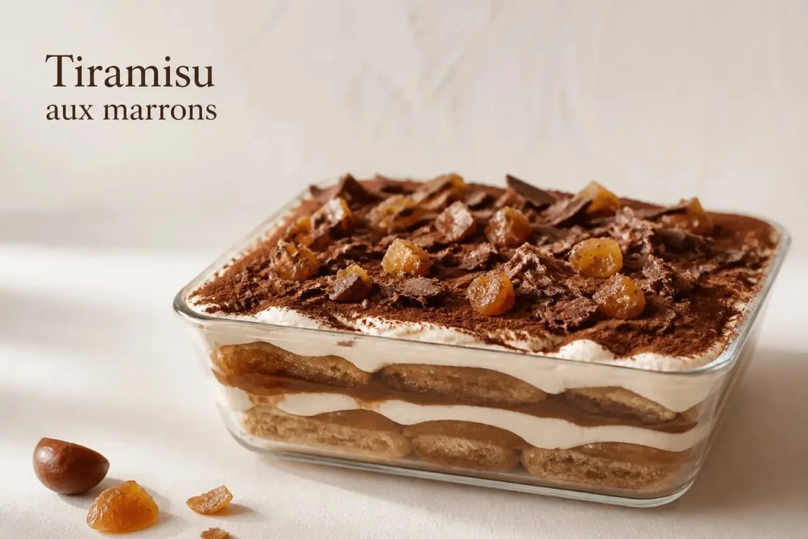 Recette tiramisu aux marrons prêt à servir avec cacao et copeaux de chocolat