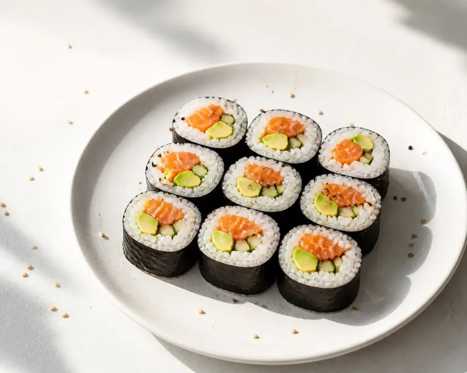 Comment faire des sushi : makis saumon, avocat et concombre dressés sur une assiette noire