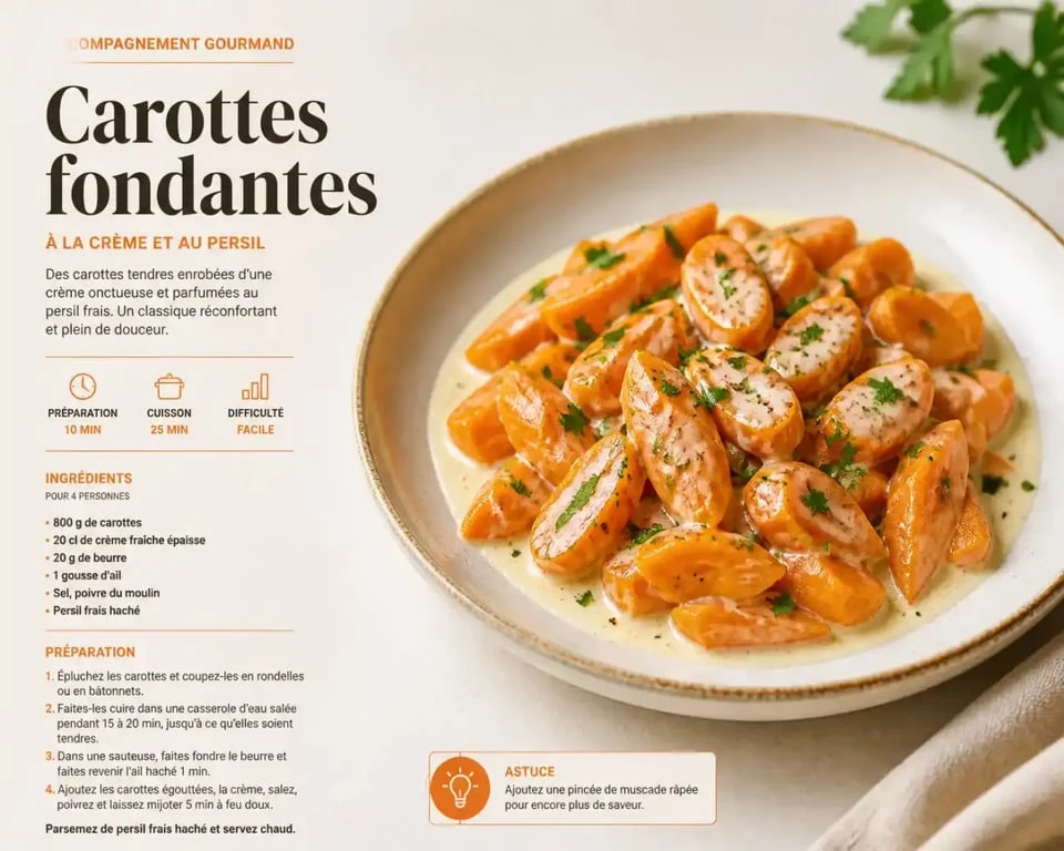 Carottes au micro-ondes fondantes à la crème et au persil dans une assiette