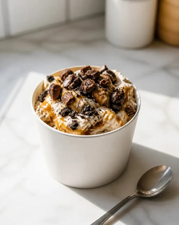 Recette mc flurry maison dans un pot blanc avec caramel et éclats d’Oreo