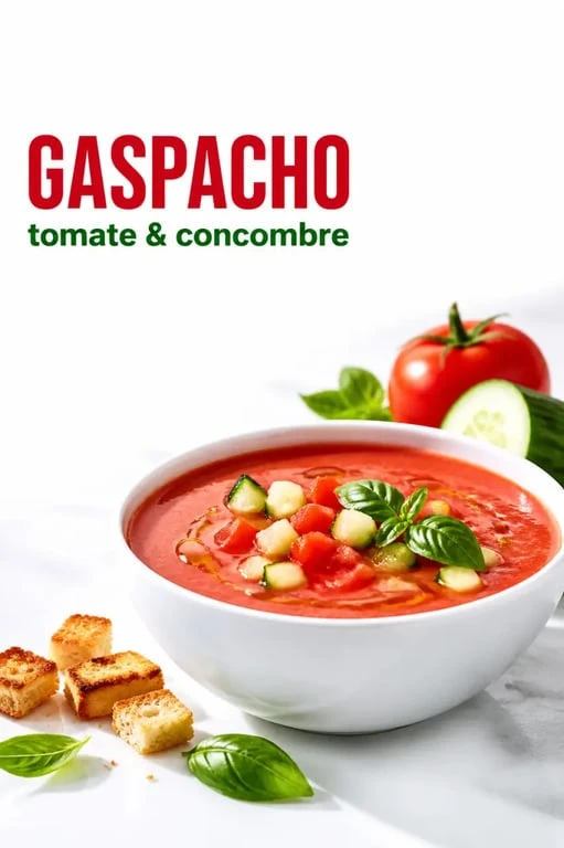 Recette gaspacho tomate concombre servie froide dans un bol avec dés de légumes et basilic frais