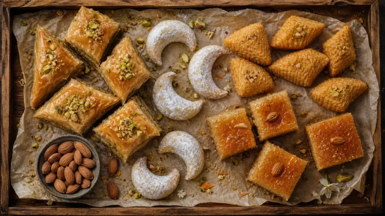 Gâteau oriental baklawa makrout basboussa, plateau de pâtisseries