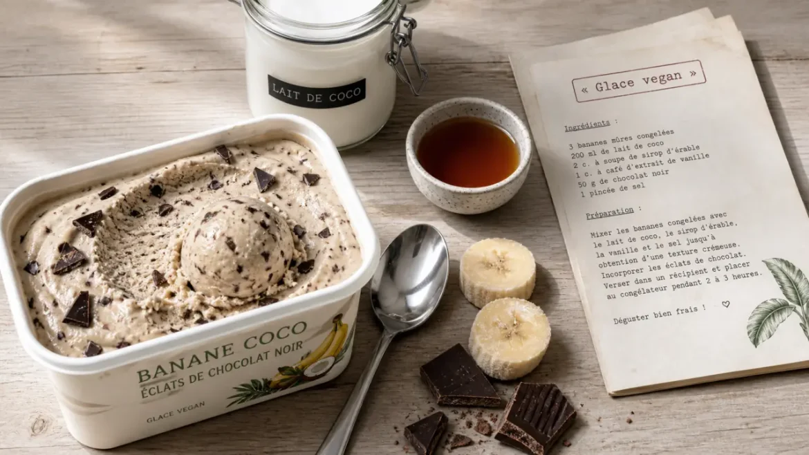 Glace vegan banane coco, éclats chocolat noir et bâtonnet
