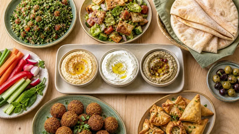 Plateau de mezzé libanais : houmous, labneh, mutabbal, taboulé, pita et falafels