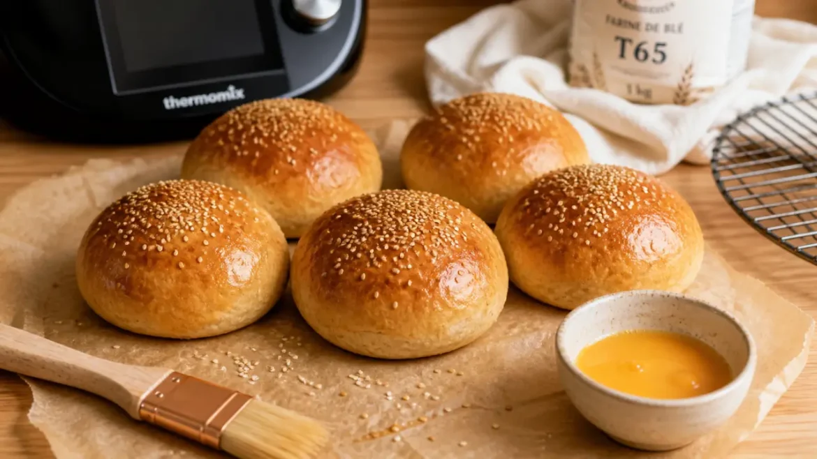 Pain burger Thermomix : 6 buns moelleux, 2 pousses et 90 g par pâton Pain burger thermomix : buns moelleux sur table en bois
