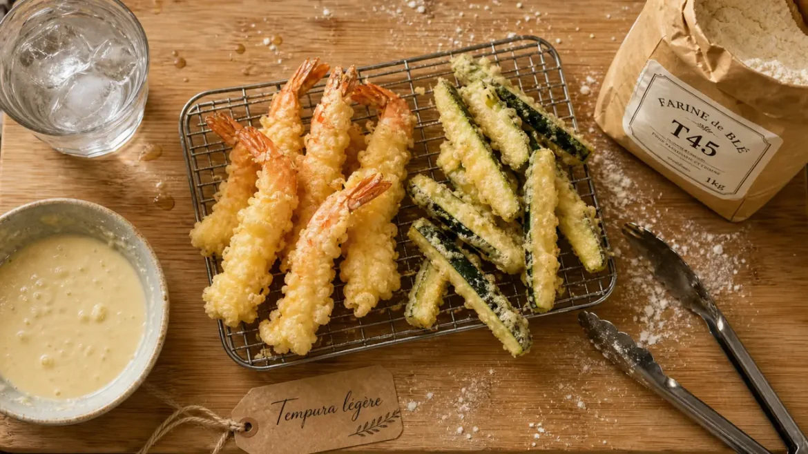 Pâte à tempura croustillante : eau glacée, grumeaux tolérés et friture bien chaude Pâte tempura croustillante : eau glacée et pâte fine avec petits grumeaux visibles