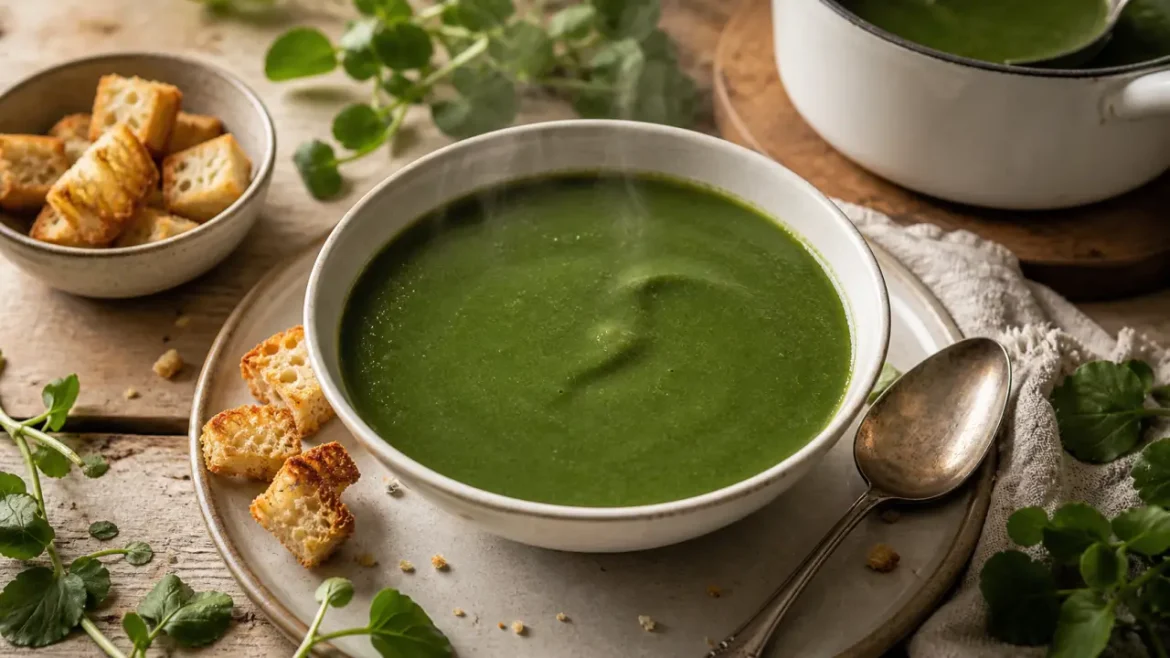 Soupe au cresson : 35 minutes, pommes de terre et velouté sans excès d’eau Recette de la soupe au cresson : bol velouté au cresson, croûtons et pommes de terre