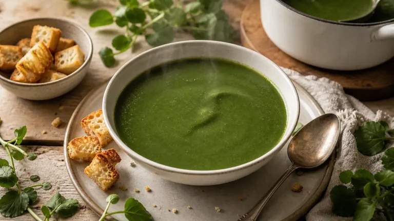 Recette de la soupe au cresson : bol velouté au cresson, croûtons et pommes de terre