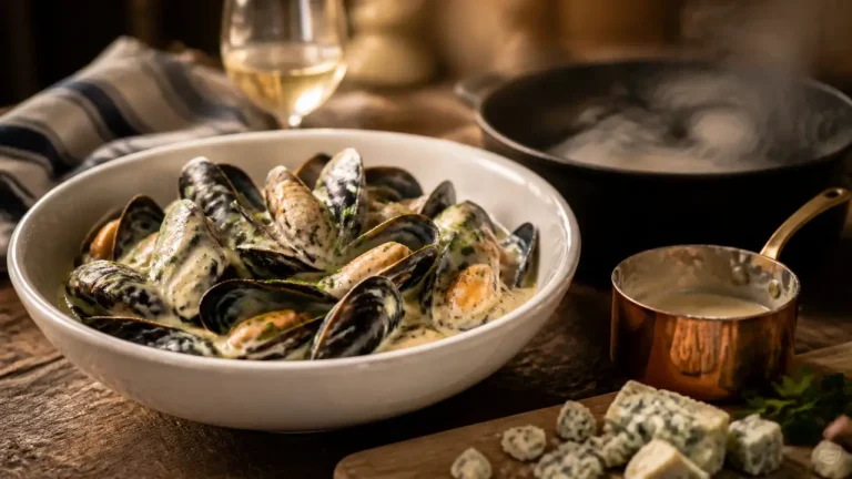 Moules à la sauce roquefort, crème onctueuse