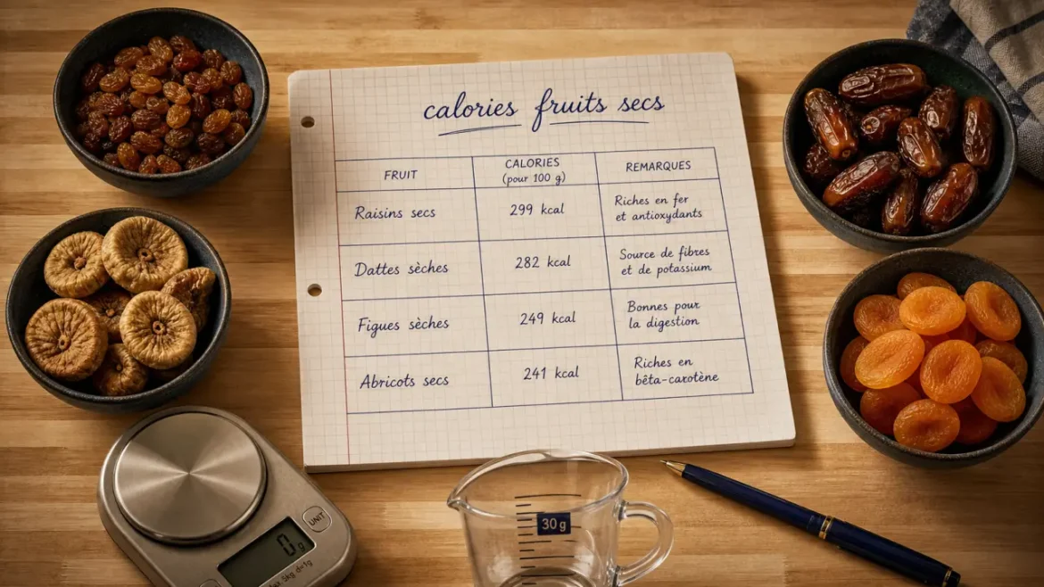 Fruits secs : calories pour 100 g, classement et portions à surveiller Tableau calories fruits secs pour 100 g : raisins secs, dattes, figues, abricots
