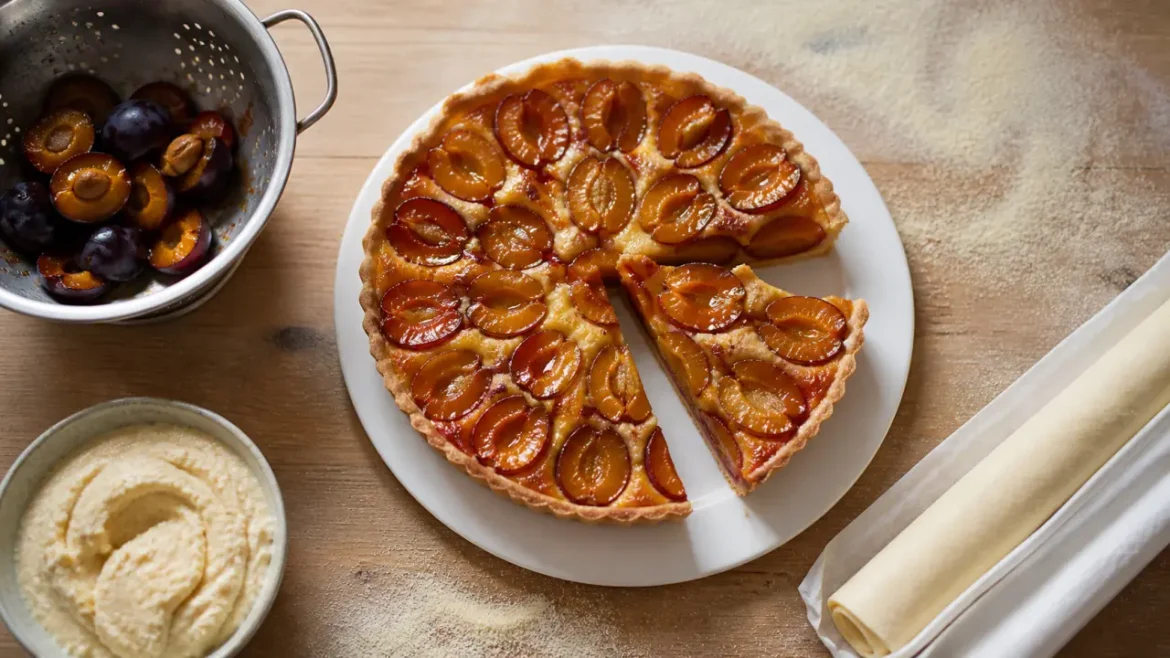 Tarte aux prunes congelees, égouttées et crème d’amande, pâte qui tient