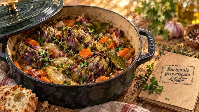 Artichaut barigoule : cœurs fondants, carottes, aromates, cocotte en fonte